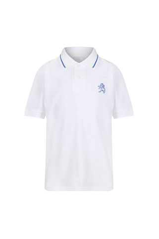 White Short Sleeve Poloshirt with Royal Striping badged with School Logo (Limited Availability)