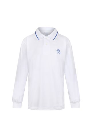 White Long Sleeve Poloshirt with Royal Striping badged with School Logo (Limited Availability)