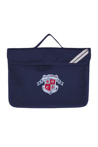 Navy Bookbag badged with Higher Openshaw Community School Logo
