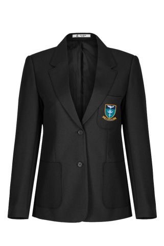 Fitted black blazer embroidered with school logo for St Alban's RC High School