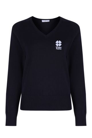 Navy girls fit v-neck jumper embroidered with St Aidan\'s logo