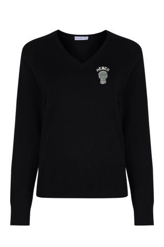 Girls cotton v-neck jumper badged with Bishop Heber school logo