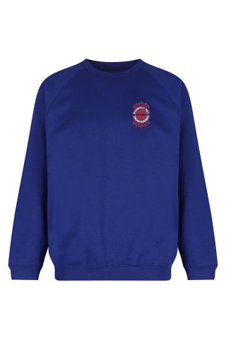 Cobalt blue sweatshirt badged with school logo