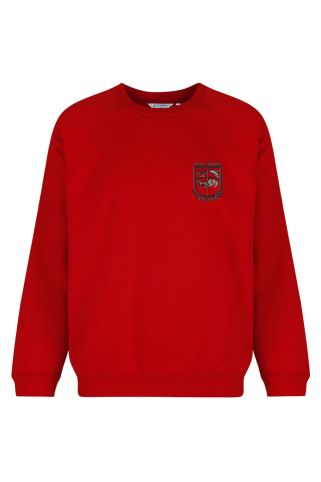 Red Crew neck Sweatshirt badged with the logo for Llanybydder Primary School
