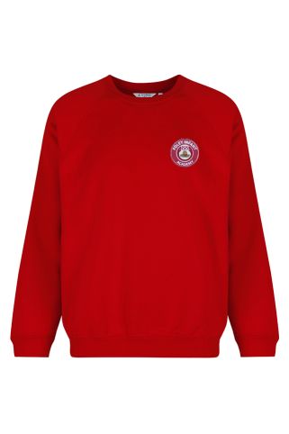 Red crew neck sweatshirt badged with Foley Infant Academy logo