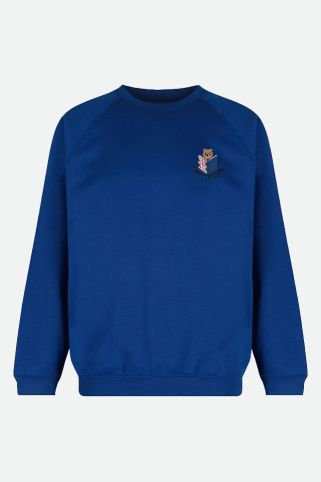 Blue crew neck sweatshirt badged with school logo