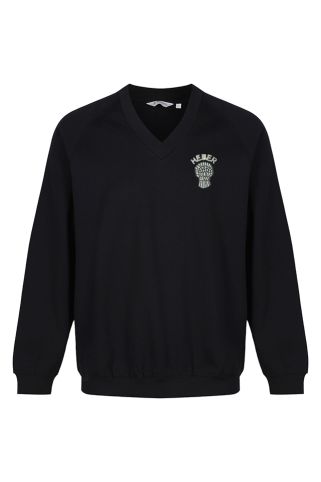 V-neck sweatshirt badged with Bishop Heber High School logo
