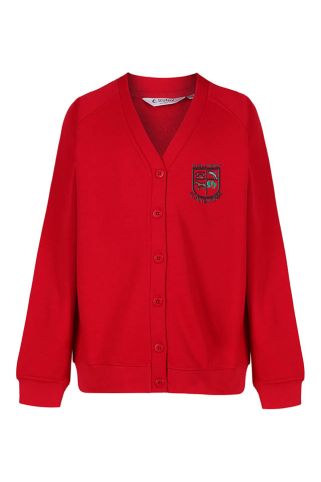 Red Cardigan badged with the logo for Llanybydder Primary School