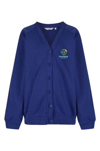 Cobalt Blue Sweat Cardigan badged with The Kingfisher CE Academy logo