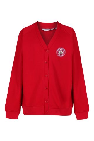 Red sweat cardigan badged with Foley Infant Academy logo