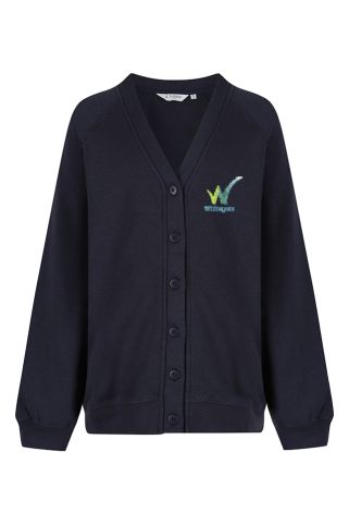 Navy cardigan badged with the logo for Whitegate Nursery School