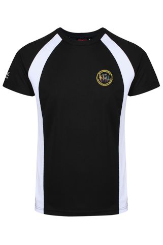 Black/white sector sports t-shirt badged with East Hunsbury Primary School logo