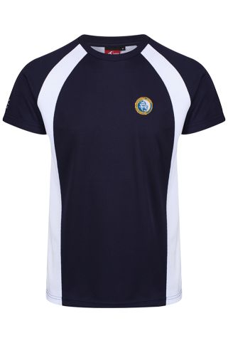Navy/White Sports crew neck top badged with school logo