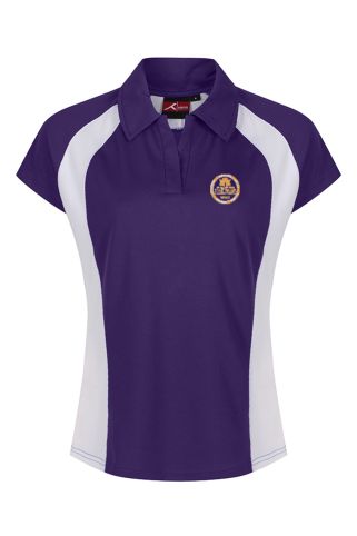 Sports fitted polo purple/white badged with school logo for The Park Community School