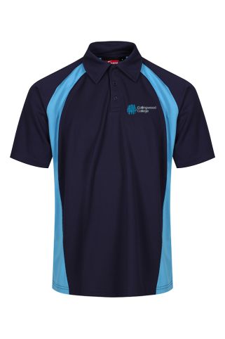 Navy & blue AKOA poloshirt badged with Collingwood College logo