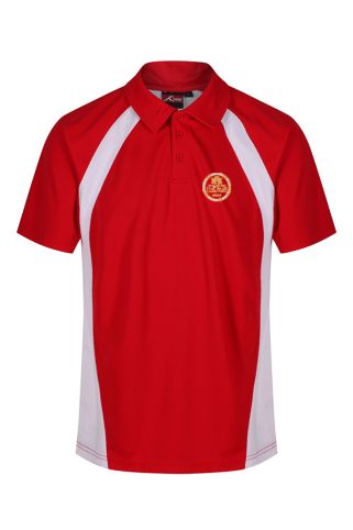 Sports polo scarlet/white badged with school logo for The Park Community High School