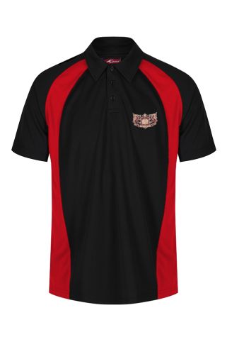 Boys black/scarlet sports poloshirt badged with Redhill High School