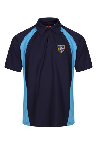 Navy and Cyclone blue polo shirt with St Andrew's School Badge