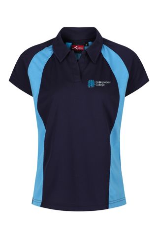 Navy and blue AKOA sports Gills poloshirt badged with the Collingwood College logo