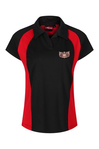 Girls fitted black/scarlet sports polosshirt badged with Redhill High School