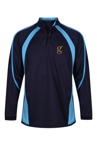 Long sleeve navy/cyclone reversible top badged with Goffs Academy logo