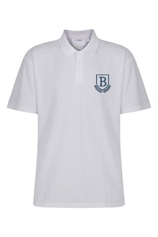 Junior white poloshirt badged with school logo