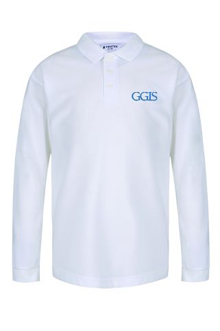 Long Sleeve White Poloshirt badged with the logo for Greater Grace International School