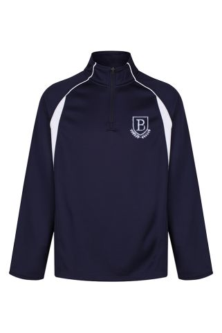 Senior navy sports mid-layer top badged with school logo