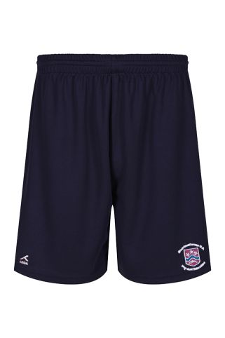 Navy/Maroon action short badged with school logo