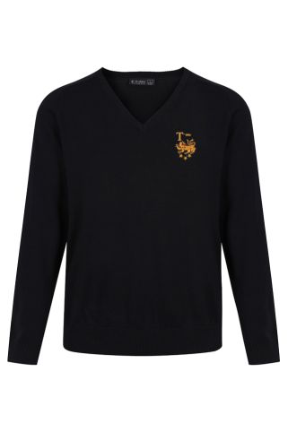 Cotton V-neck jumper embroidered with Tomlinscote School badge
