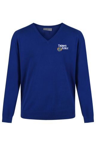 Royal v-neck cotton blend jumper badged with Thomas Keble School logo