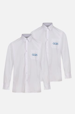 2 PACK White Long Sleeve Shirt badged with the logo for Greater Grace International School