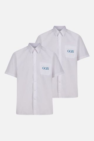 2 PACK White Short Sleeve Shirt badged with the logo for Greater Grace International School
