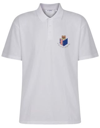 White cotton short sleeve polo badged with school logo