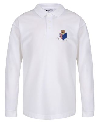White cotton long sleeve polo badged with school logo