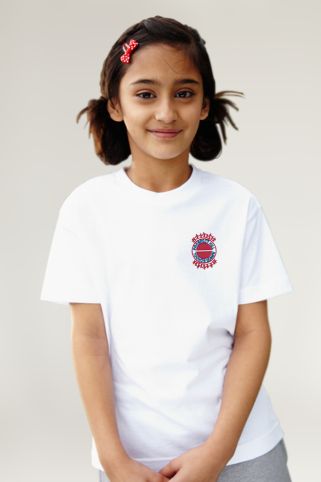 White t-shirt badged with school logo