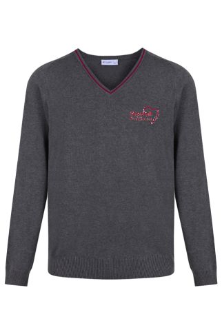 Grey V-neck jumper badged with Morehall Primary and Nursery School logo