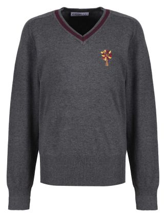Marl grey cotton jumper with maroon stripe badged with Highfields school logo