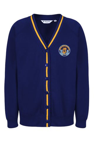 Colbalt Blue Sweat Cardigan with Yellow Stripe Badged with School Logo