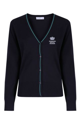 Senior Striped V-neck Cardigan badged with the logo for The British School Warsaw