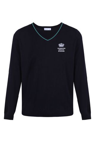 Striped V-neck Jumper badged with the logo for The British School Warsaw