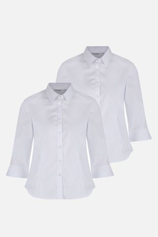 2 Pack 3/4 Sleeve Fitted Non-Iron School Blouses White (7-16+ Years)