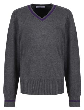 Grey v-neck fitted cotton jumper with purple stripe